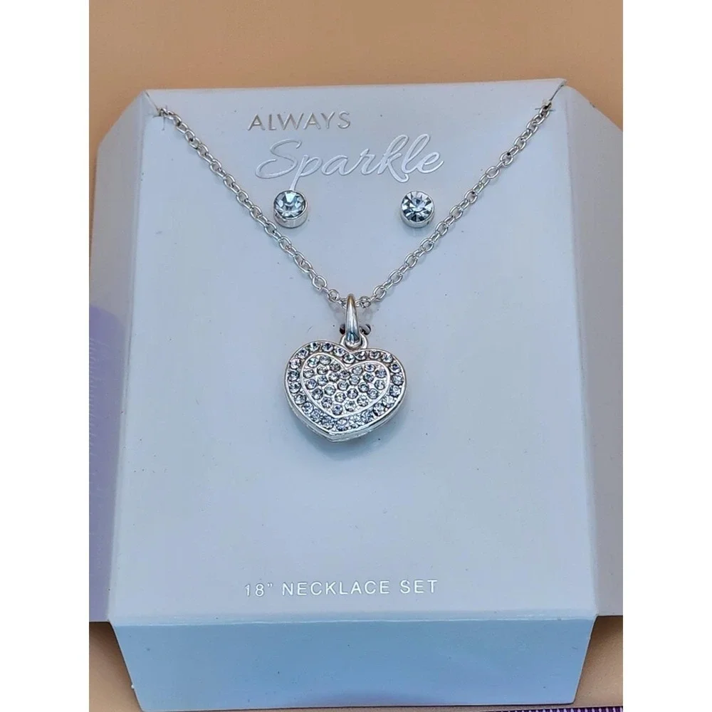 New ALWAYS SPARKLE Signed Heart CZ Silver Tone Necklace & Earrings Set FREE $HIP